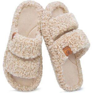 Womens EverFoams  Fuzzy Open-toe Soft Comfy Slippers House Shoes Vintage Khaki